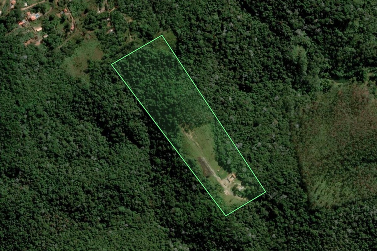 Imagem de satélite do imóvel rural em Guarulhos (SP), com o contorno declarado no CAR desenhado por cima.