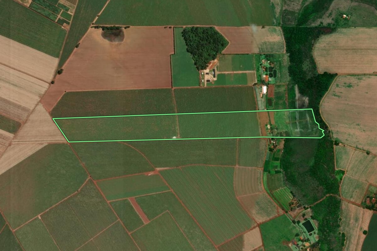 Imagem de satélite do imóvel rural em Guatapará (SP), com o contorno declarado no CAR desenhado por cima.