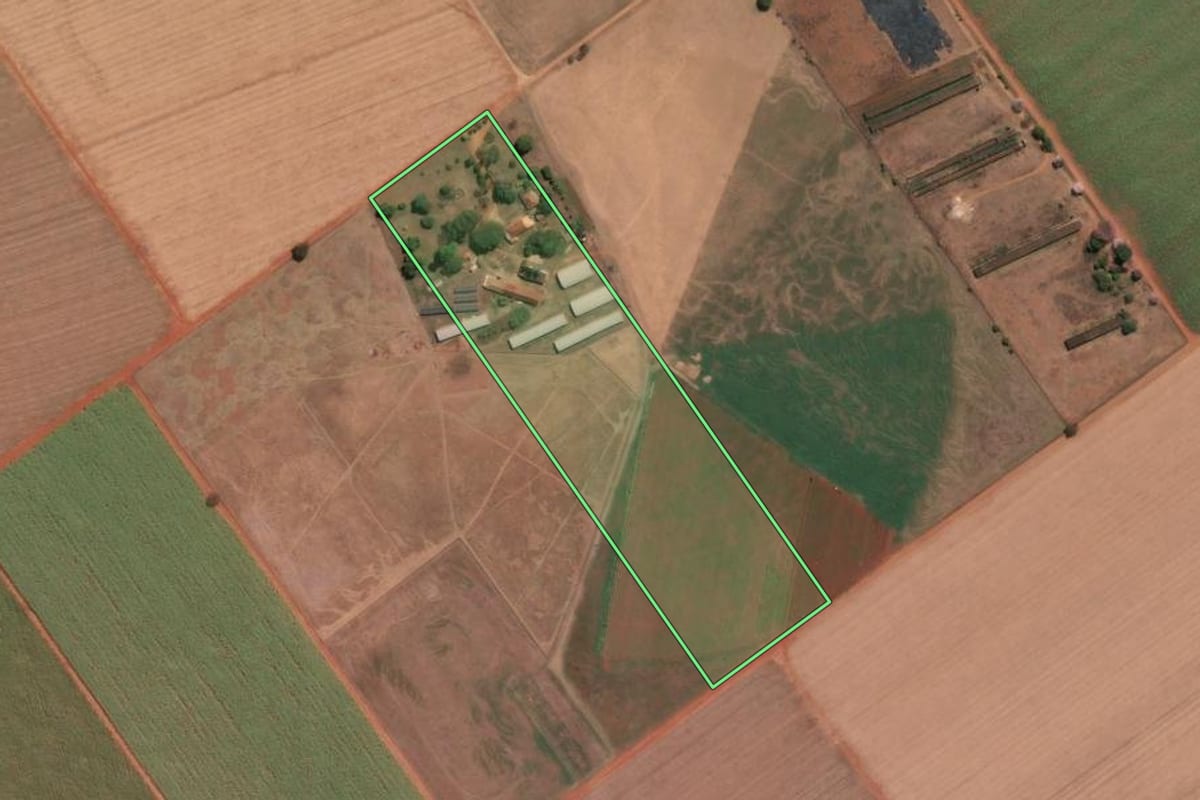 Imagem de satélite do imóvel rural em Guatapará (SP), com o contorno declarado no CAR desenhado por cima.