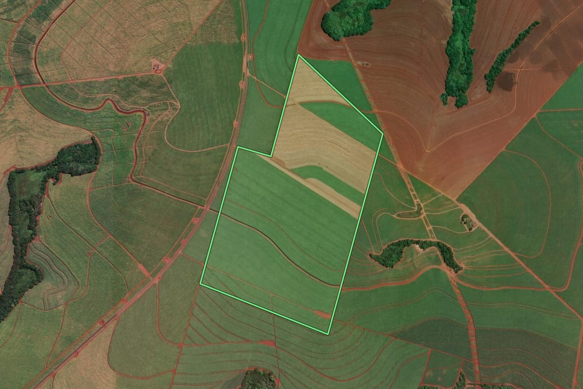 Imagem de satélite do imóvel rural em Guatapará (SP), com o contorno declarado no CAR desenhado por cima.