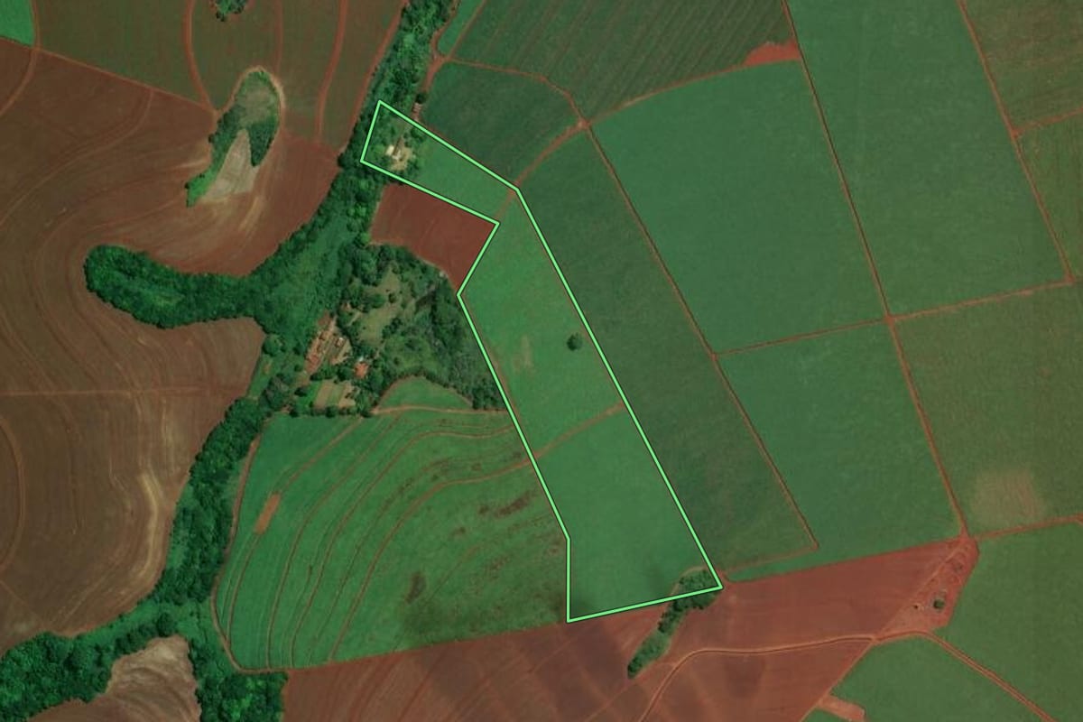 Imagem de satélite do imóvel rural em Guatapará (SP), com o contorno declarado no CAR desenhado por cima.