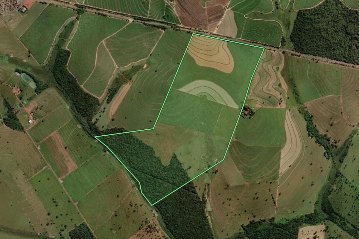Imagem de satélite do imóvel rural em Guzolândia (SP), com o contorno declarado no CAR desenhado por cima.