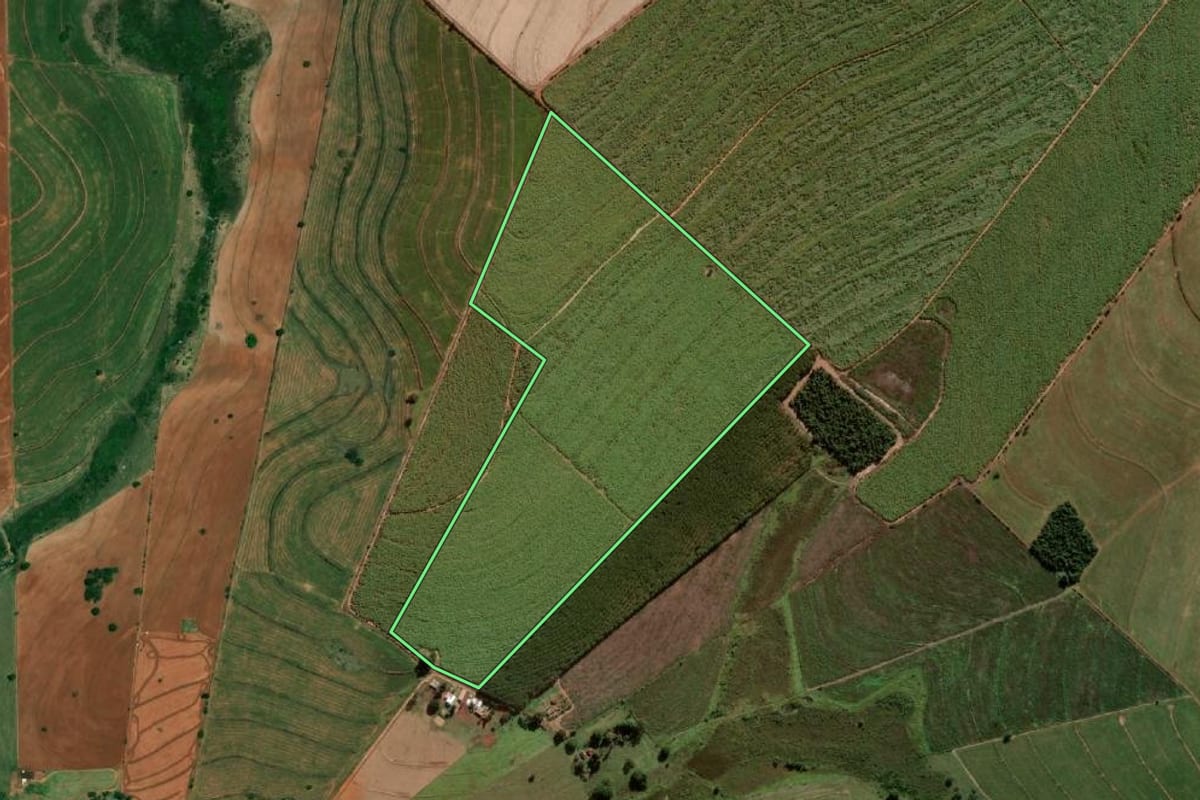 Imagem de satélite do imóvel rural em Herculândia (SP), com o contorno declarado no CAR desenhado por cima.