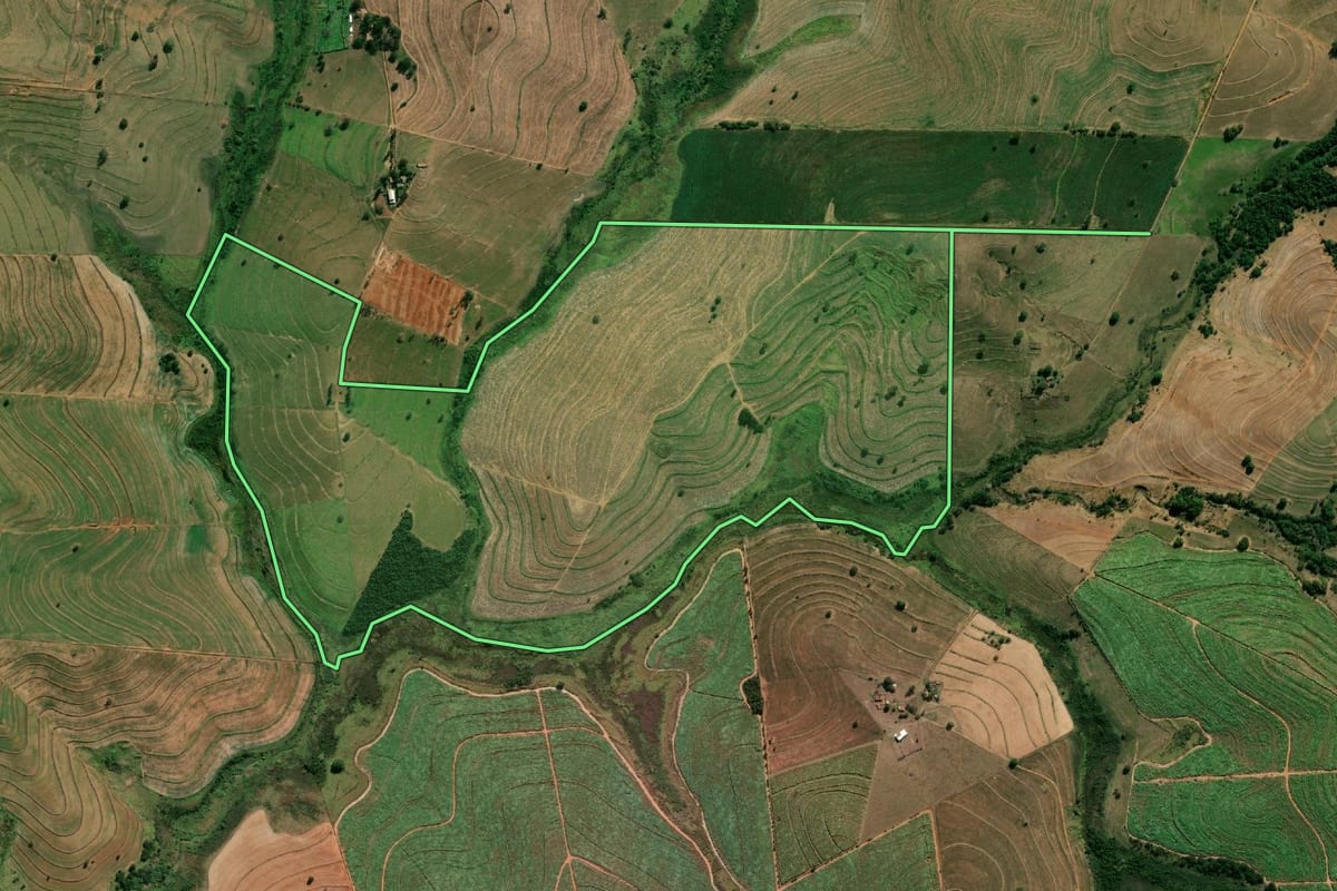 Imagem de satélite do imóvel rural em Herculândia (SP), com o contorno declarado no CAR desenhado por cima.