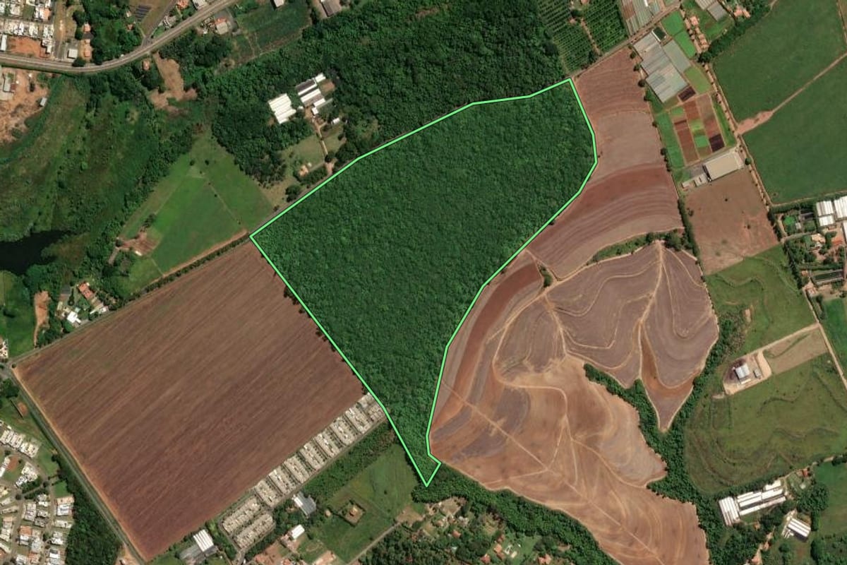 Imagem de satélite do imóvel rural em Holambra (SP), com o contorno declarado no CAR desenhado por cima.
