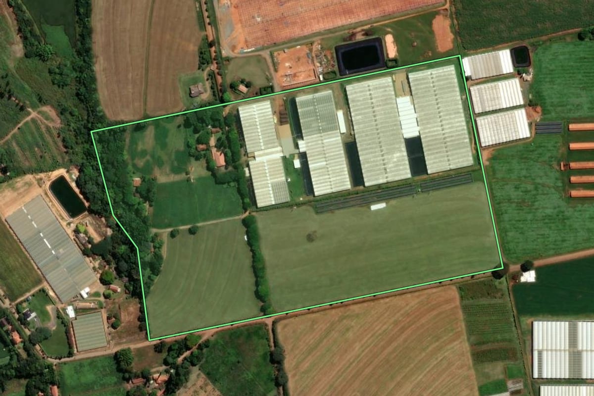 Imagem de satélite do imóvel rural em Holambra (SP), com o contorno declarado no CAR desenhado por cima.