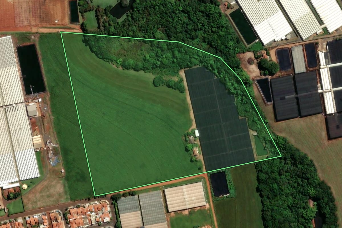 Imagem de satélite do imóvel rural em Holambra (SP), com o contorno declarado no CAR desenhado por cima.