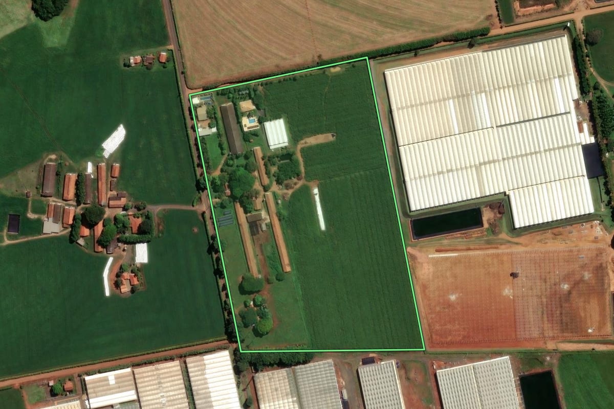 Imagem de satélite do imóvel rural em Holambra (SP), com o contorno declarado no CAR desenhado por cima.