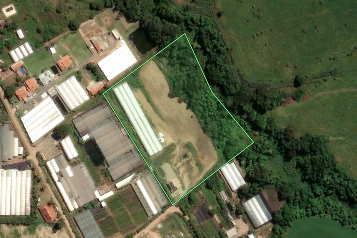 Imagem de satélite do imóvel rural em Holambra (SP), com o contorno declarado no CAR desenhado por cima.