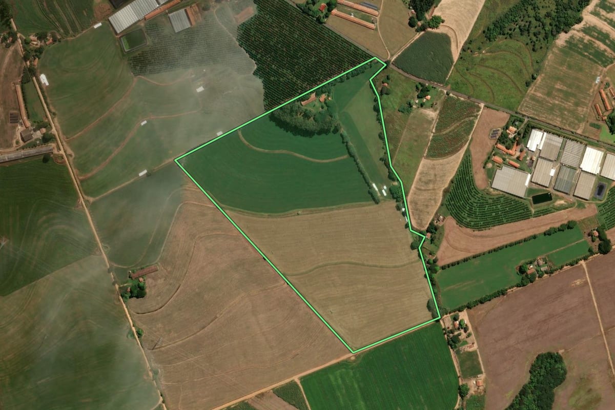 Imagem de satélite do imóvel rural em Holambra (SP), com o contorno declarado no CAR desenhado por cima.
