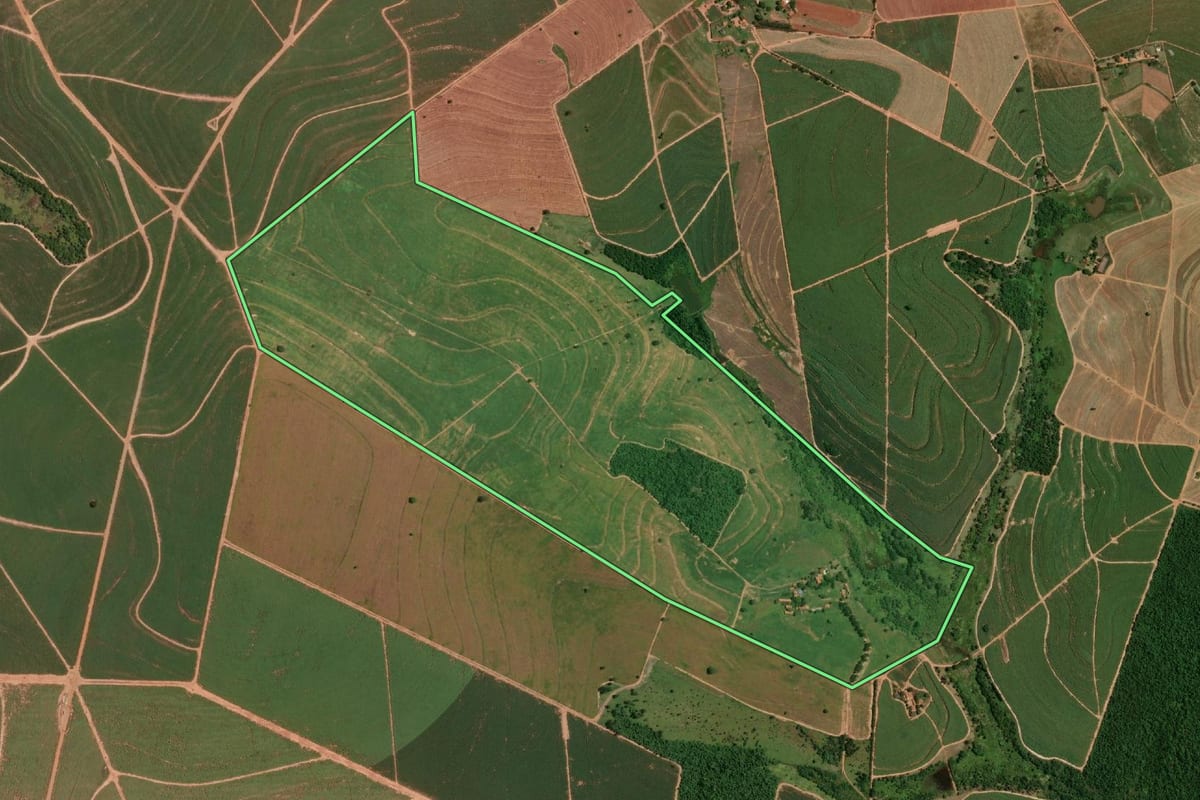 Imagem de satélite do imóvel rural em Iacanga (SP), com o contorno declarado no CAR desenhado por cima.