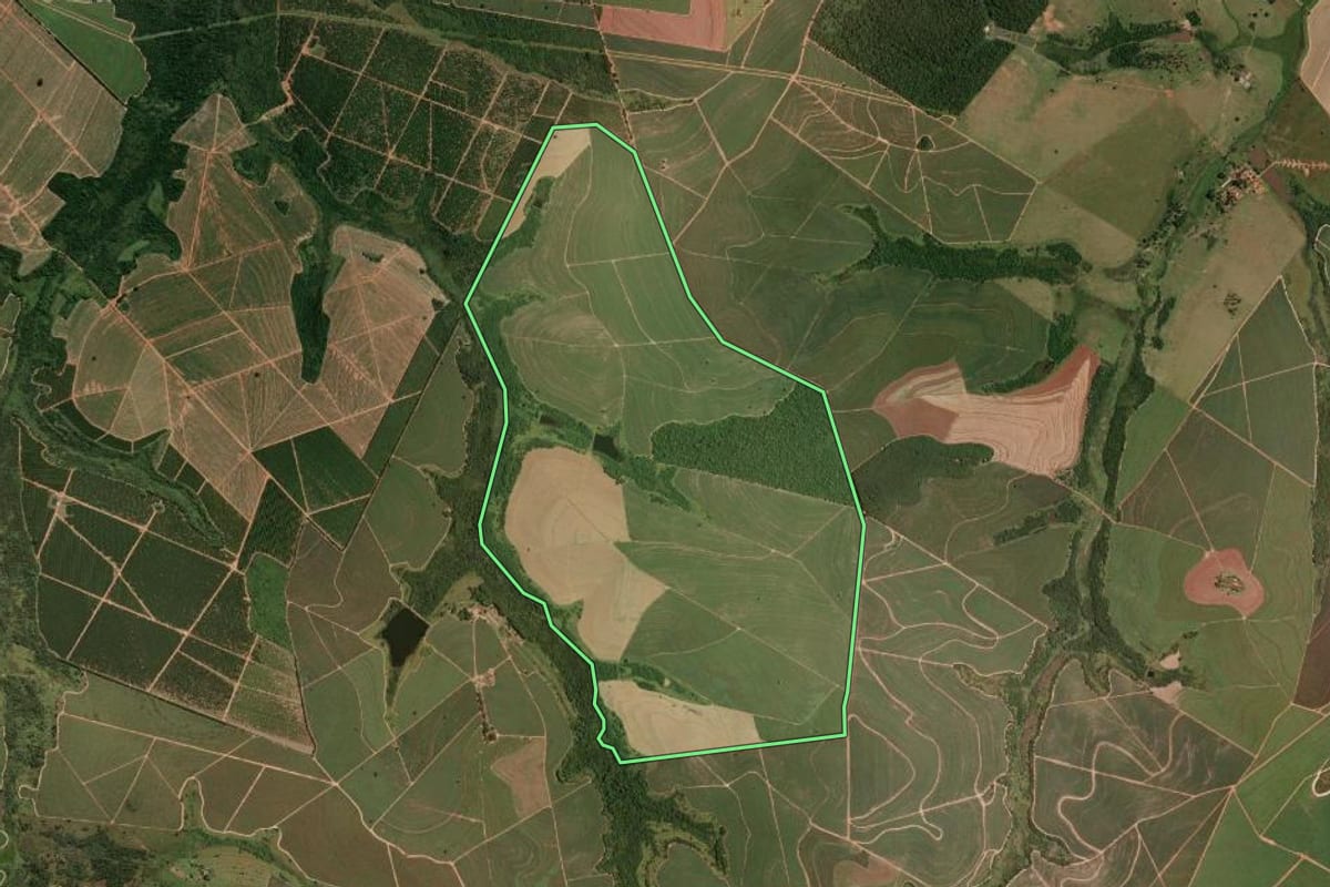 Imagem de satélite do imóvel rural em Iacanga (SP), com o contorno declarado no CAR desenhado por cima.