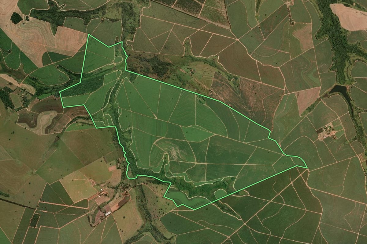 Imagem de satélite do imóvel rural em Iacanga (SP), com o contorno declarado no CAR desenhado por cima.