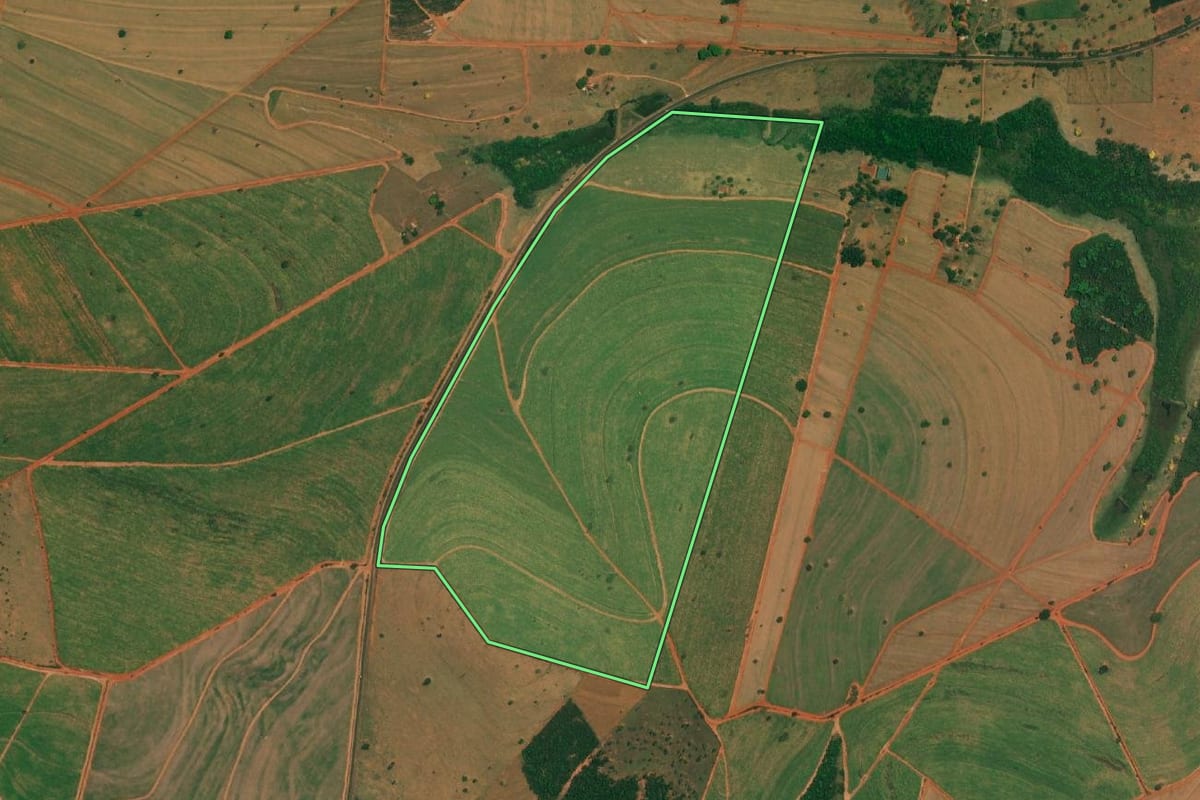 Imagem de satélite do imóvel rural em Iacanga (SP), com o contorno declarado no CAR desenhado por cima.