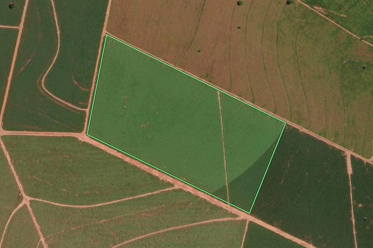 Imagem de satélite do imóvel rural em Iacanga (SP), com o contorno declarado no CAR desenhado por cima.