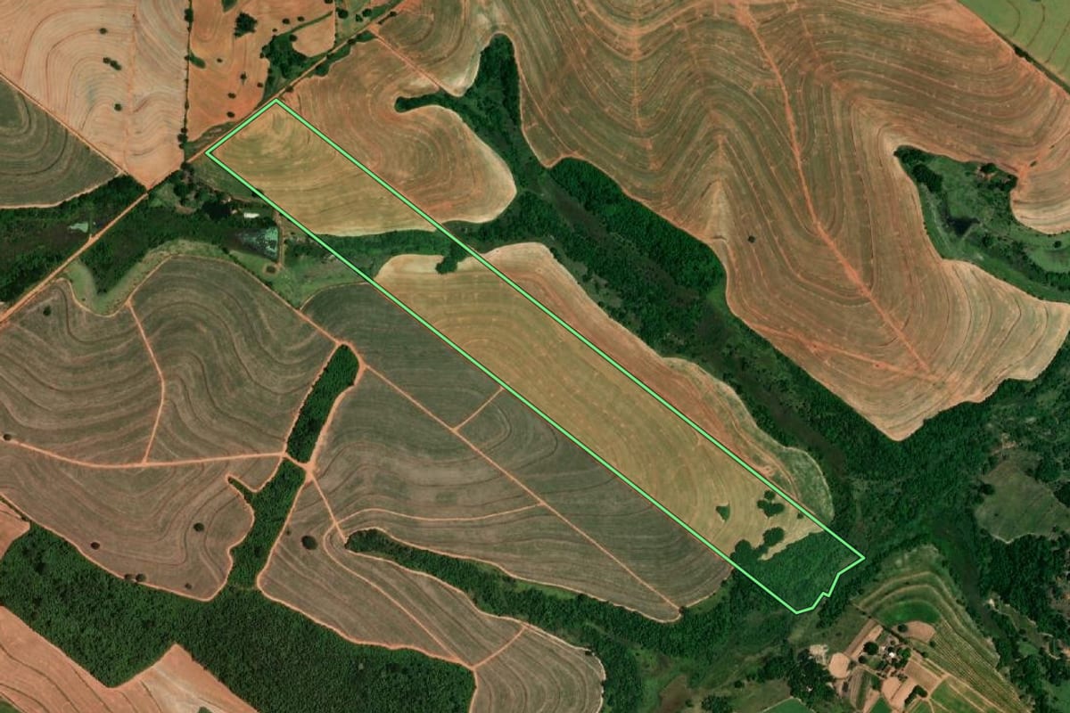 Imagem de satélite do imóvel rural em Iacri (SP), com o contorno declarado no CAR desenhado por cima.