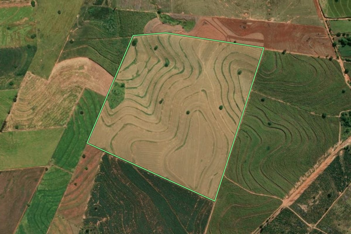 Imagem de satélite do imóvel rural em Iacri (SP), com o contorno declarado no CAR desenhado por cima.