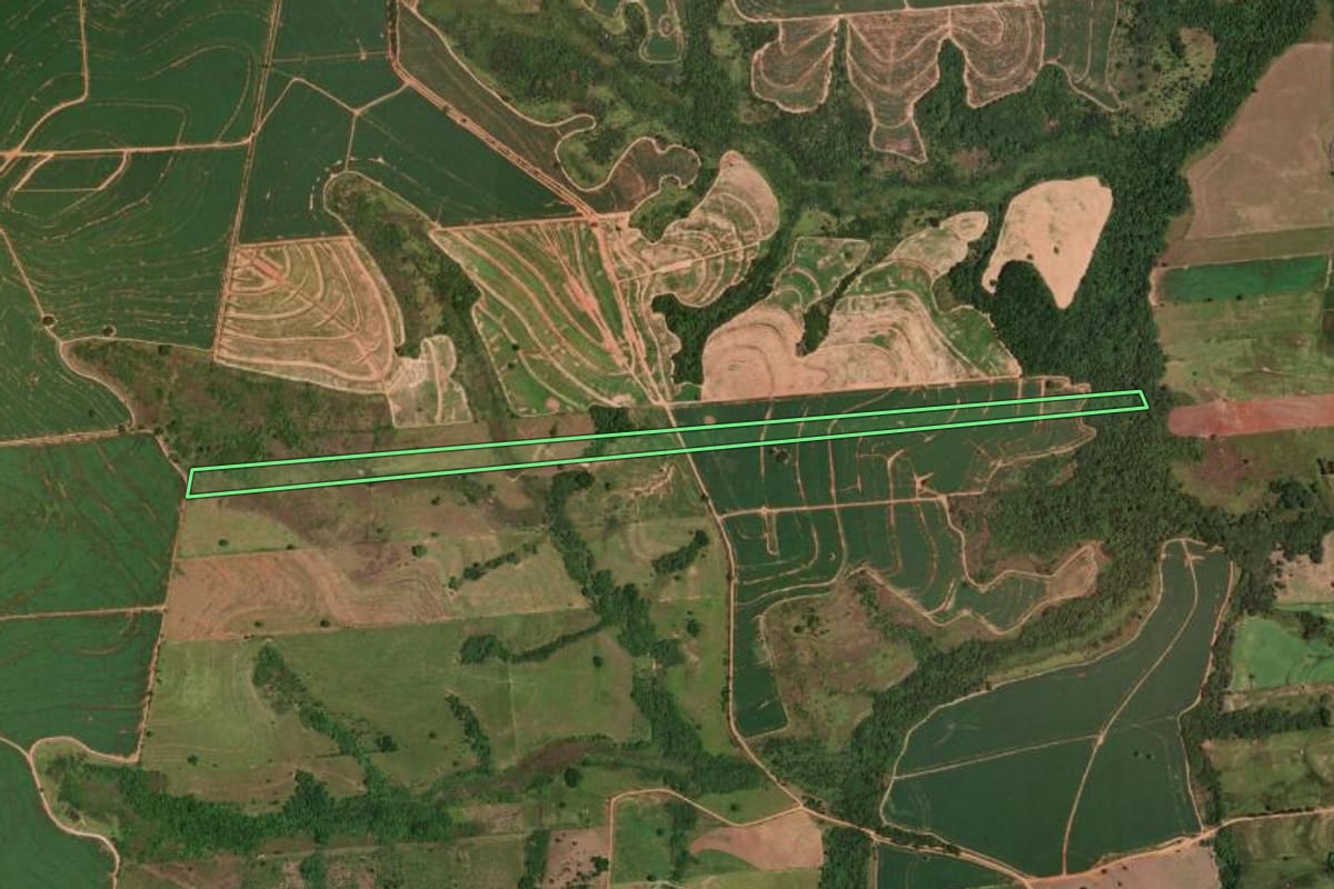 Imagem de satélite do imóvel rural em Iacri (SP), com o contorno declarado no CAR desenhado por cima.