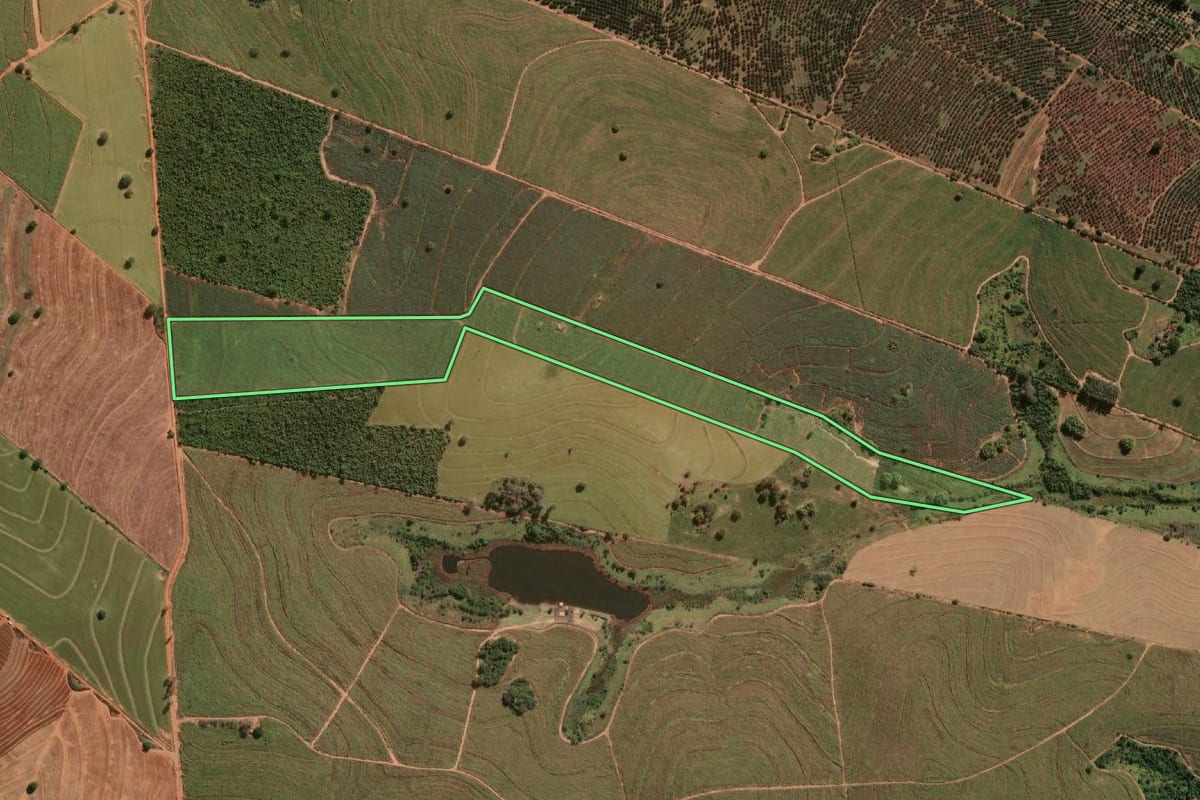 Imagem de satélite do imóvel rural em Iacri (SP), com o contorno declarado no CAR desenhado por cima.