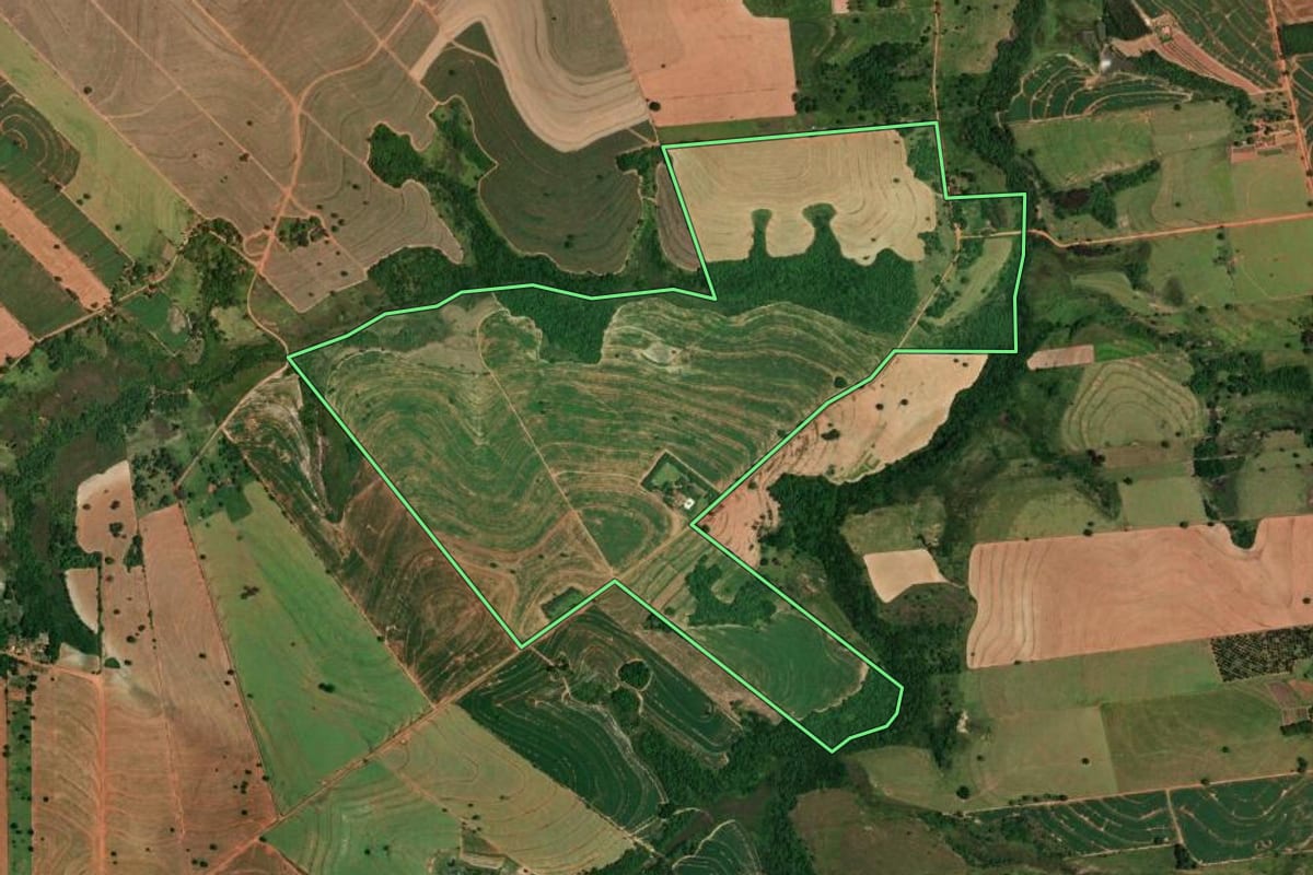 Imagem de satélite do imóvel rural em Iacri (SP), com o contorno declarado no CAR desenhado por cima.