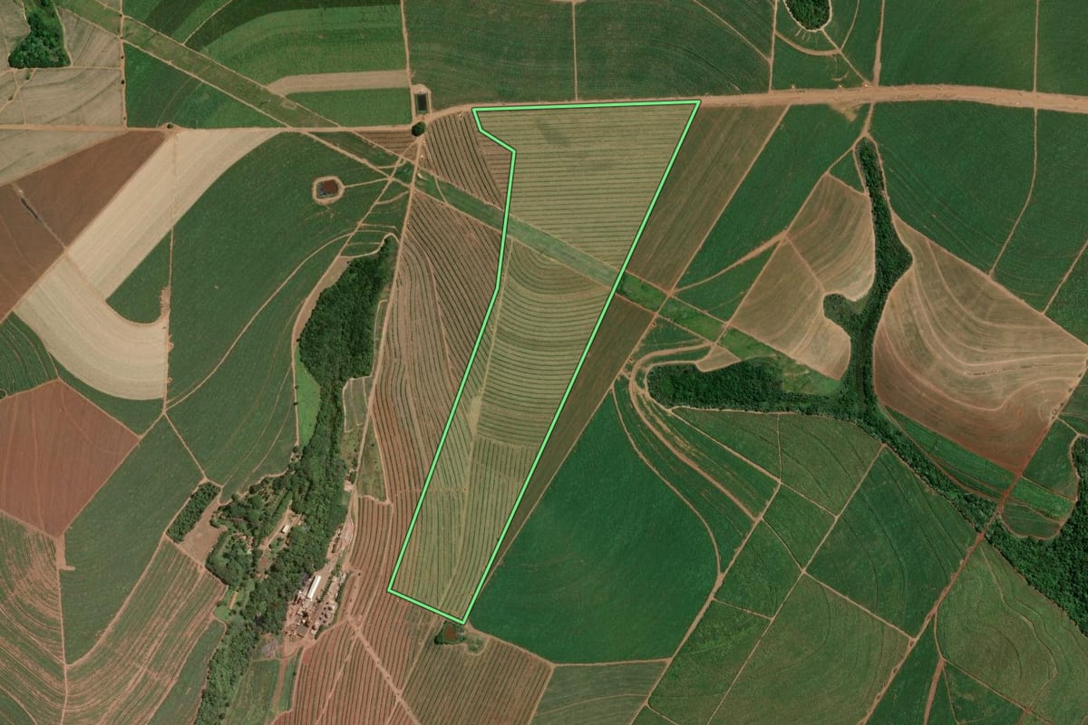 Imagem de satélite do imóvel rural em Ibaté (SP), com o contorno declarado no CAR desenhado por cima.
