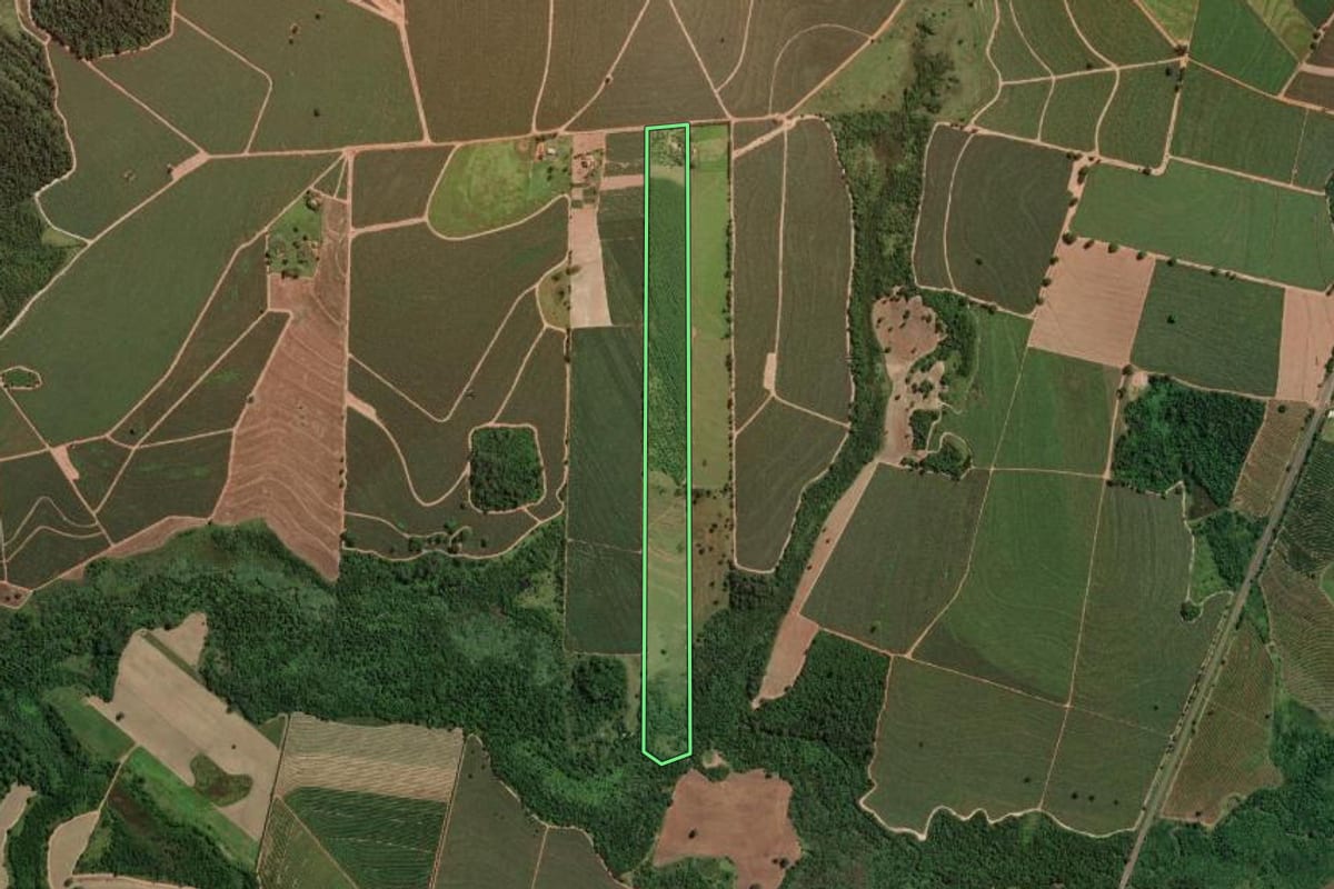 Imagem de satélite do imóvel rural em Ibirá (SP), com o contorno declarado no CAR desenhado por cima.