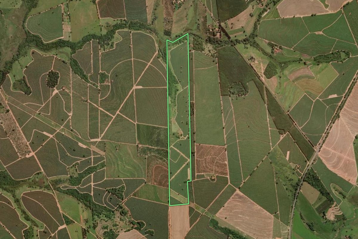 Imagem de satélite do imóvel rural em Ibirá (SP), com o contorno declarado no CAR desenhado por cima.