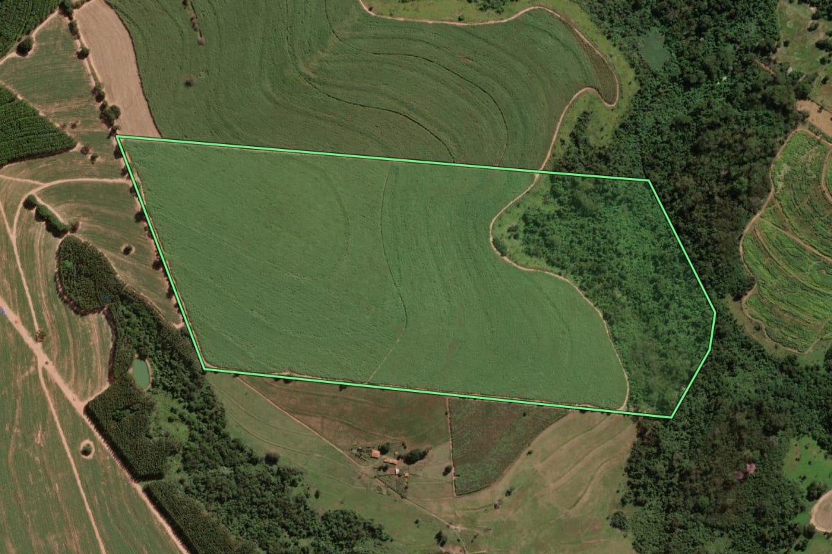 Imagem de satélite do imóvel rural em Ibirá (SP), com o contorno declarado no CAR desenhado por cima.