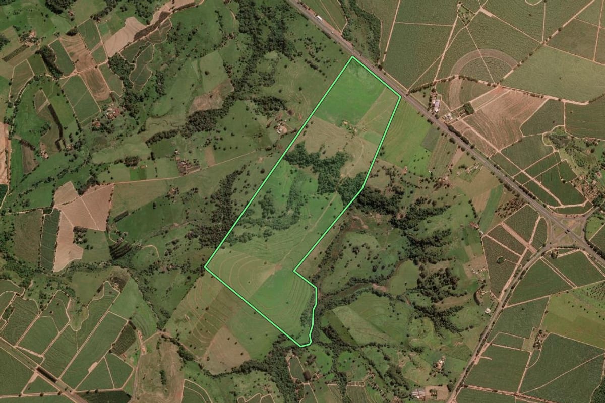 Imagem de satélite do imóvel rural em Ibirá (SP), com o contorno declarado no CAR desenhado por cima.