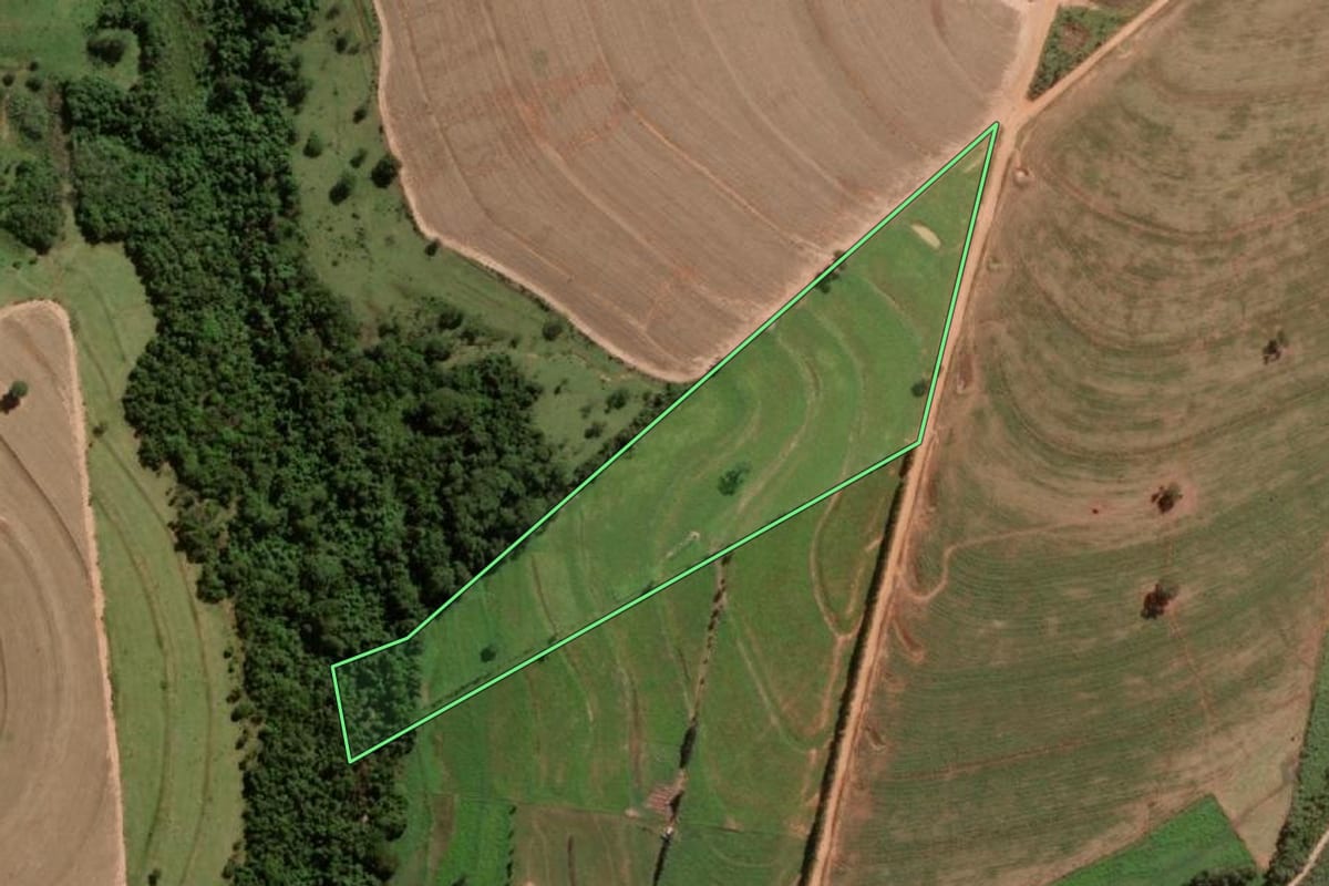 Imagem de satélite do imóvel rural em Ibirá (SP), com o contorno declarado no CAR desenhado por cima.