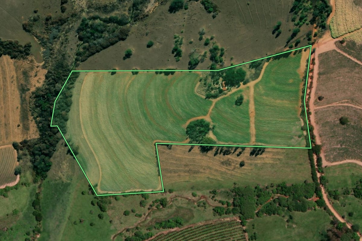 Imagem de satélite do imóvel rural em Ibirá (SP), com o contorno declarado no CAR desenhado por cima.