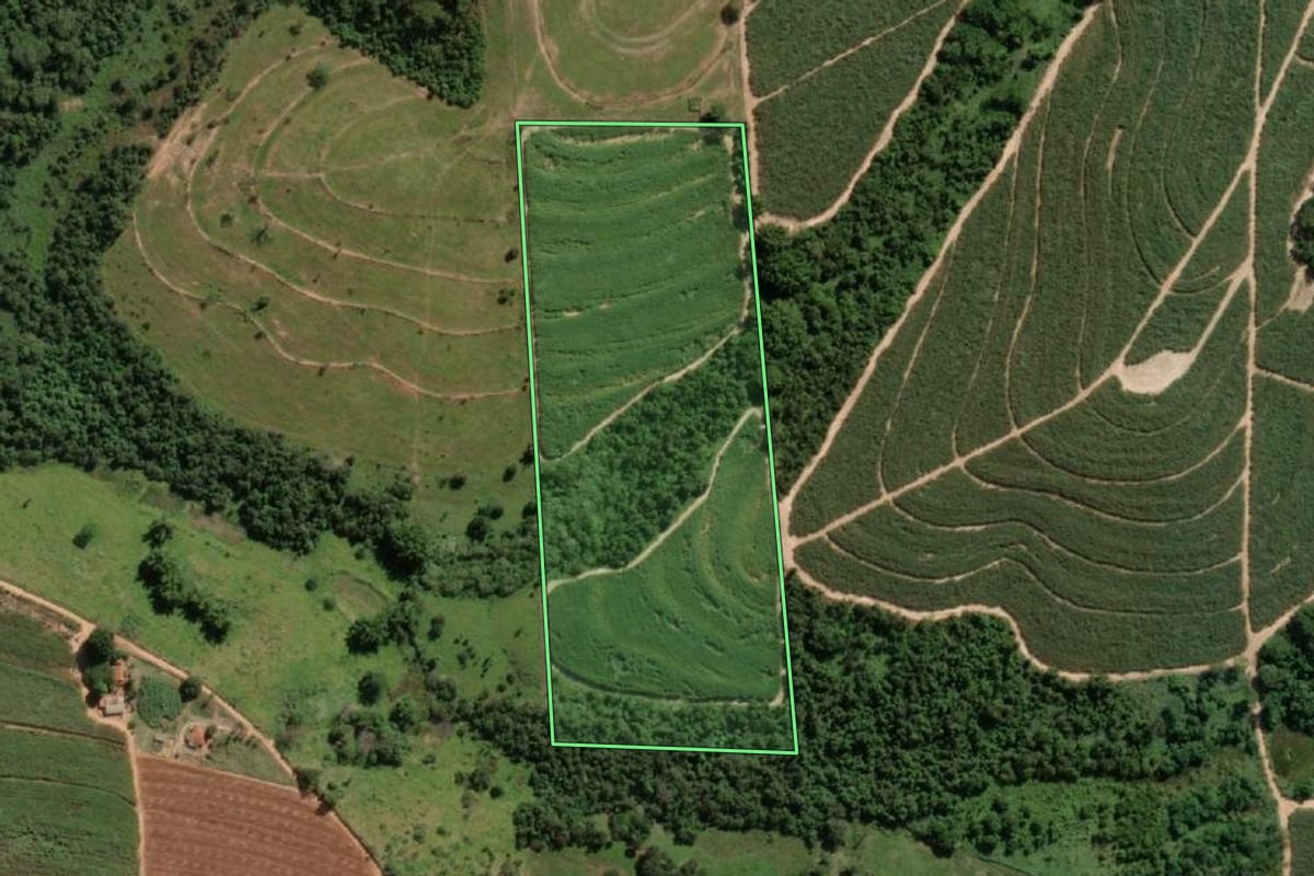 Imagem de satélite do imóvel rural em Ibirá (SP), com o contorno declarado no CAR desenhado por cima.