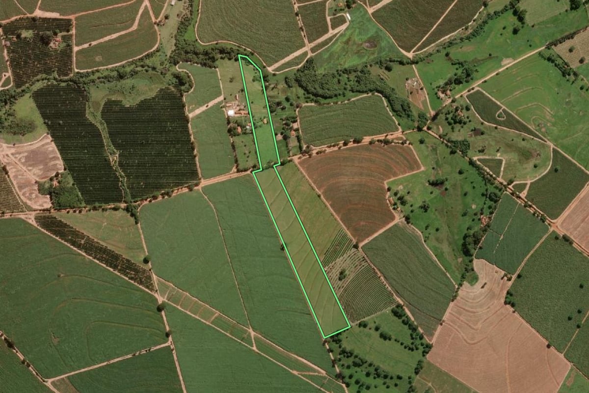 Imagem de satélite do imóvel rural em Ibirá (SP), com o contorno declarado no CAR desenhado por cima.