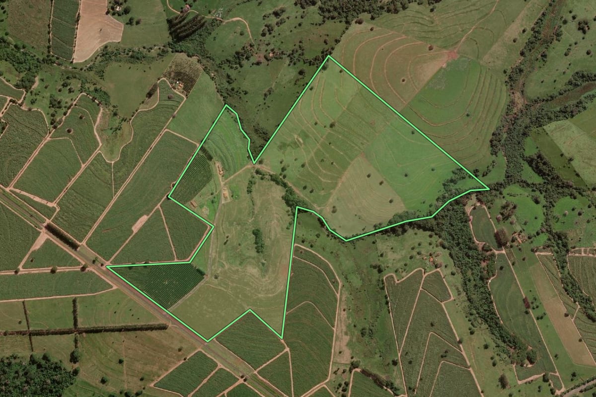 Imagem de satélite do imóvel rural em Ibirá (SP), com o contorno declarado no CAR desenhado por cima.