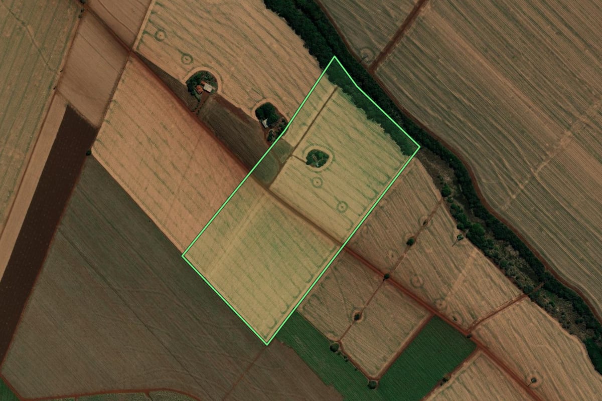 Imagem de satélite do imóvel rural em Ibirarema (SP), com o contorno declarado no CAR desenhado por cima.