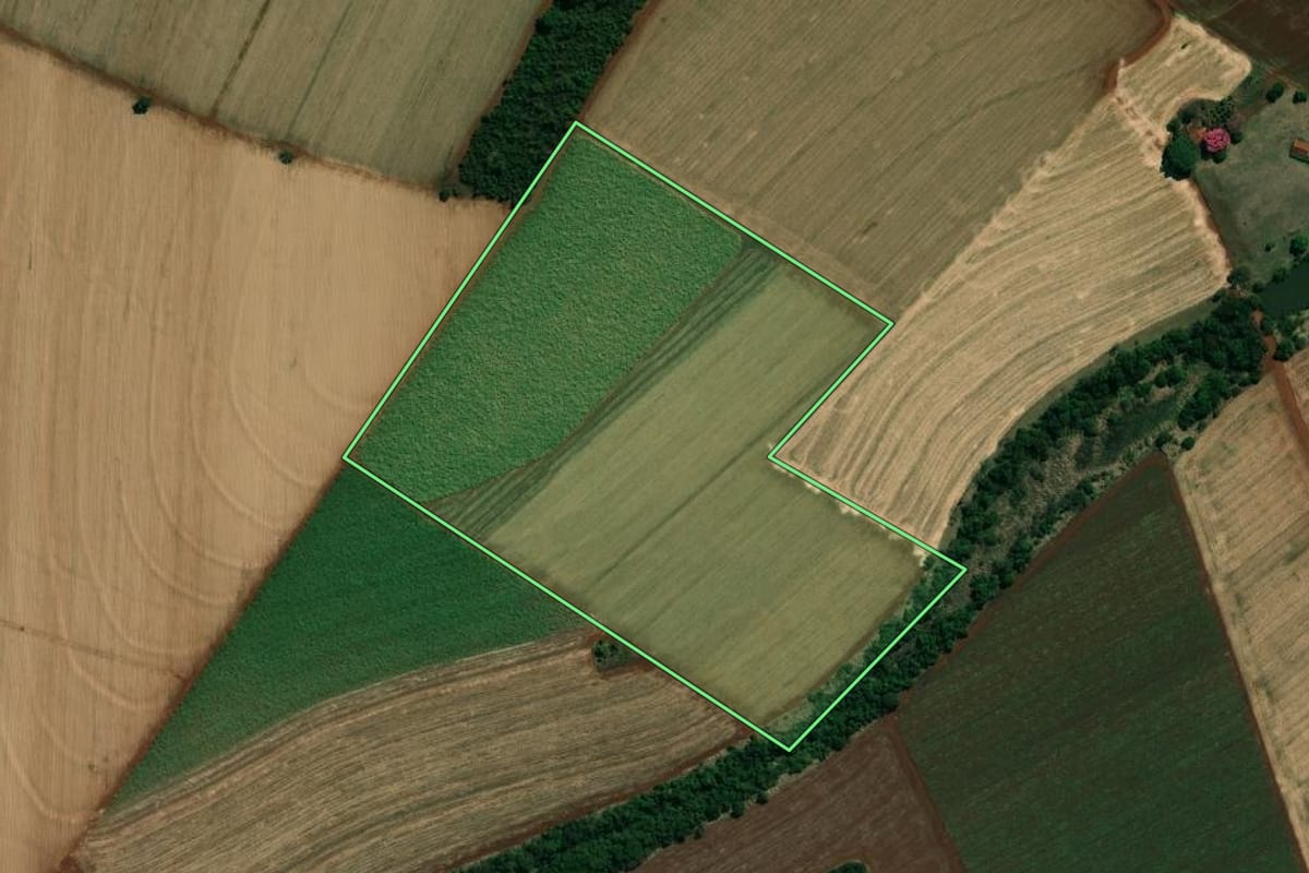 Imagem de satélite do imóvel rural em Ibirarema (SP), com o contorno declarado no CAR desenhado por cima.