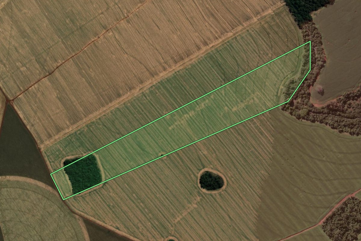 Imagem de satélite do imóvel rural em Ibirarema (SP), com o contorno declarado no CAR desenhado por cima.