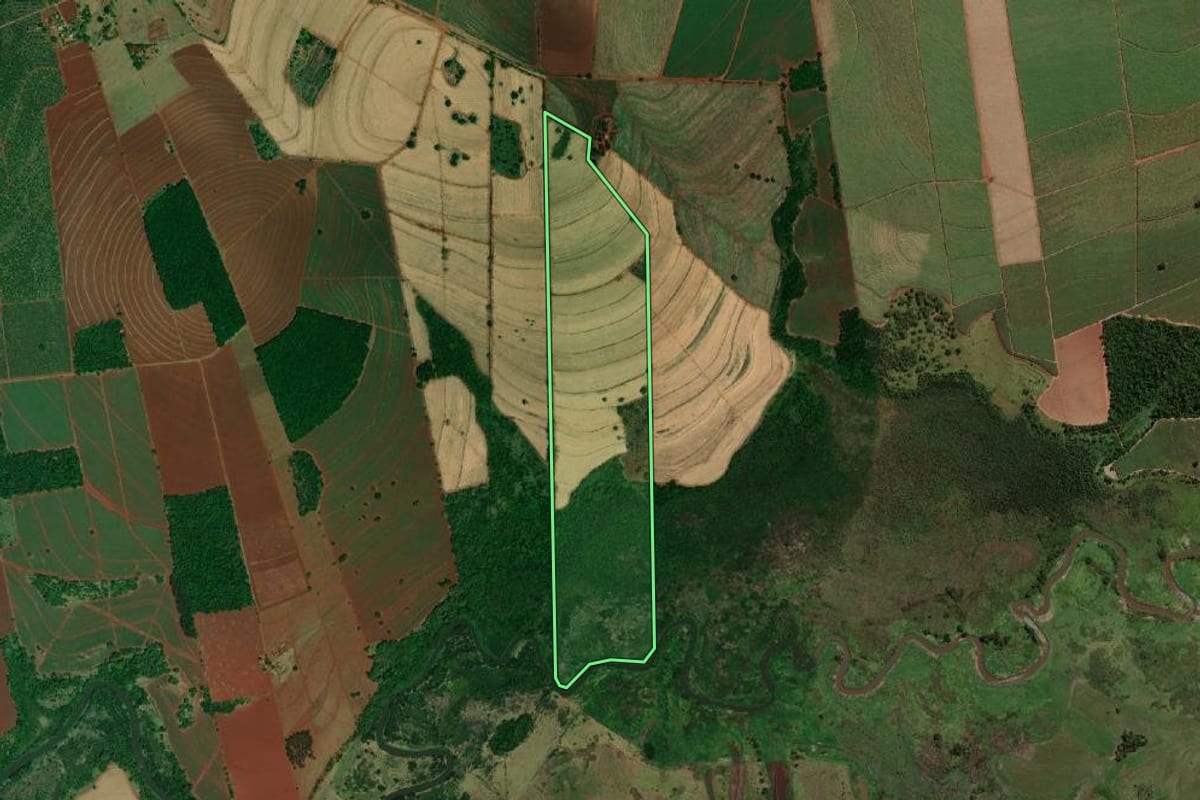 Imagem de satélite do imóvel rural em Ibitinga (SP), com o contorno declarado no CAR desenhado por cima.