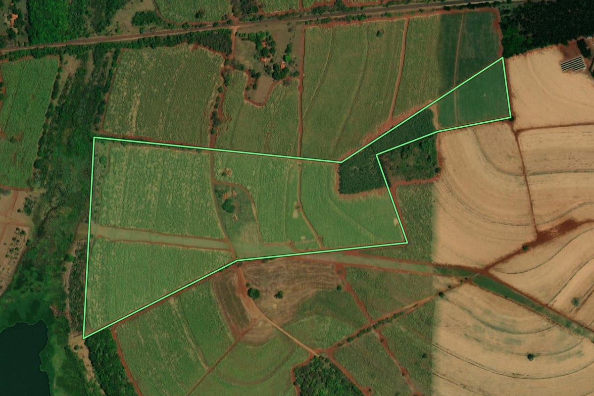 Imagem de satélite do imóvel rural em Ibitinga (SP), com o contorno declarado no CAR desenhado por cima.