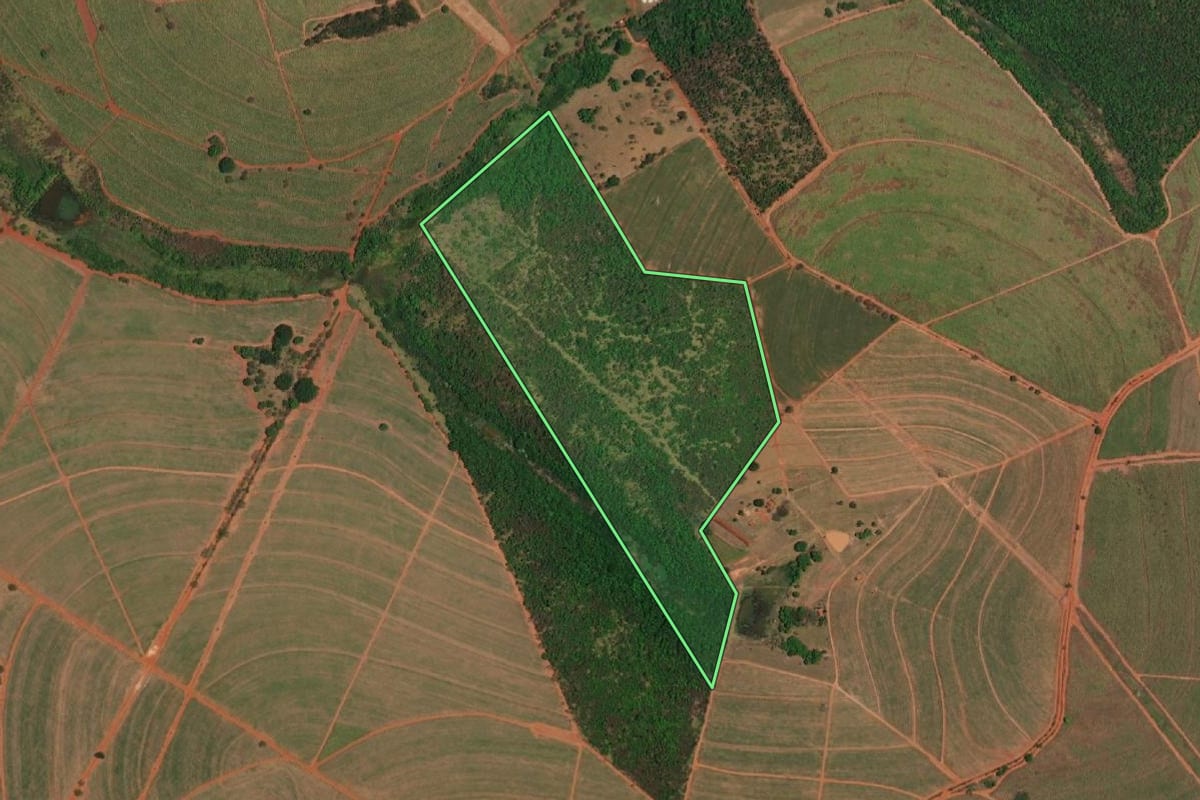 Imagem de satélite do imóvel rural em Ibitinga (SP), com o contorno declarado no CAR desenhado por cima.