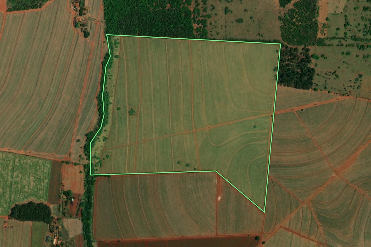 Imagem de satélite do imóvel rural em Ibitinga (SP), com o contorno declarado no CAR desenhado por cima.