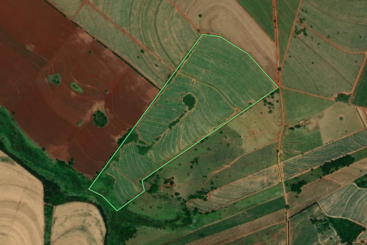 Imagem de satélite do imóvel rural em Ibitinga (SP), com o contorno declarado no CAR desenhado por cima.