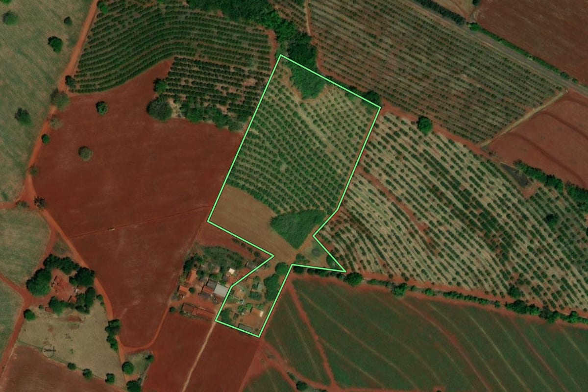 Imagem de satélite do imóvel rural em Ibitinga (SP), com o contorno declarado no CAR desenhado por cima.