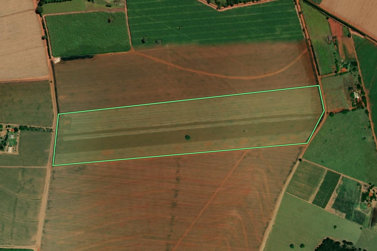 Imagem de satélite do imóvel rural em Ibitinga (SP), com o contorno declarado no CAR desenhado por cima.