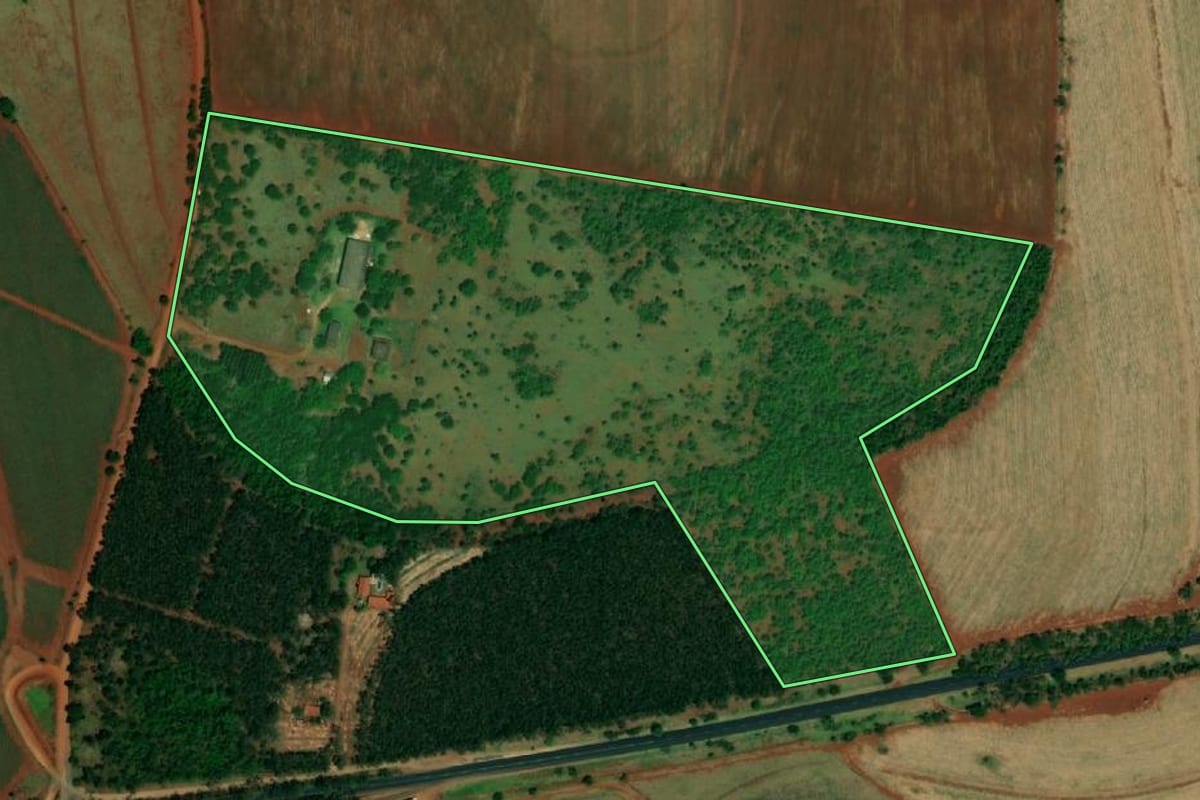 Imagem de satélite do imóvel rural em Ibitinga (SP), com o contorno declarado no CAR desenhado por cima.