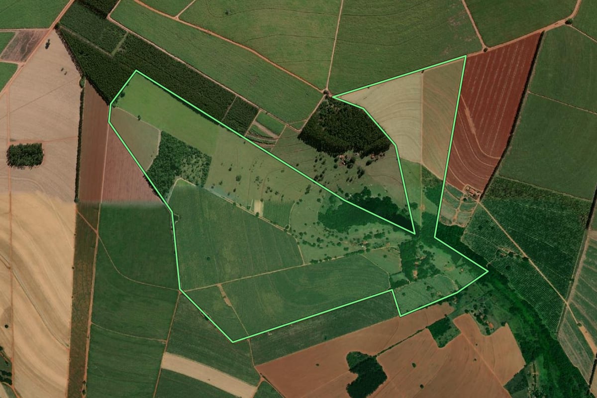 Imagem de satélite do imóvel rural em Ibitinga (SP), com o contorno declarado no CAR desenhado por cima.