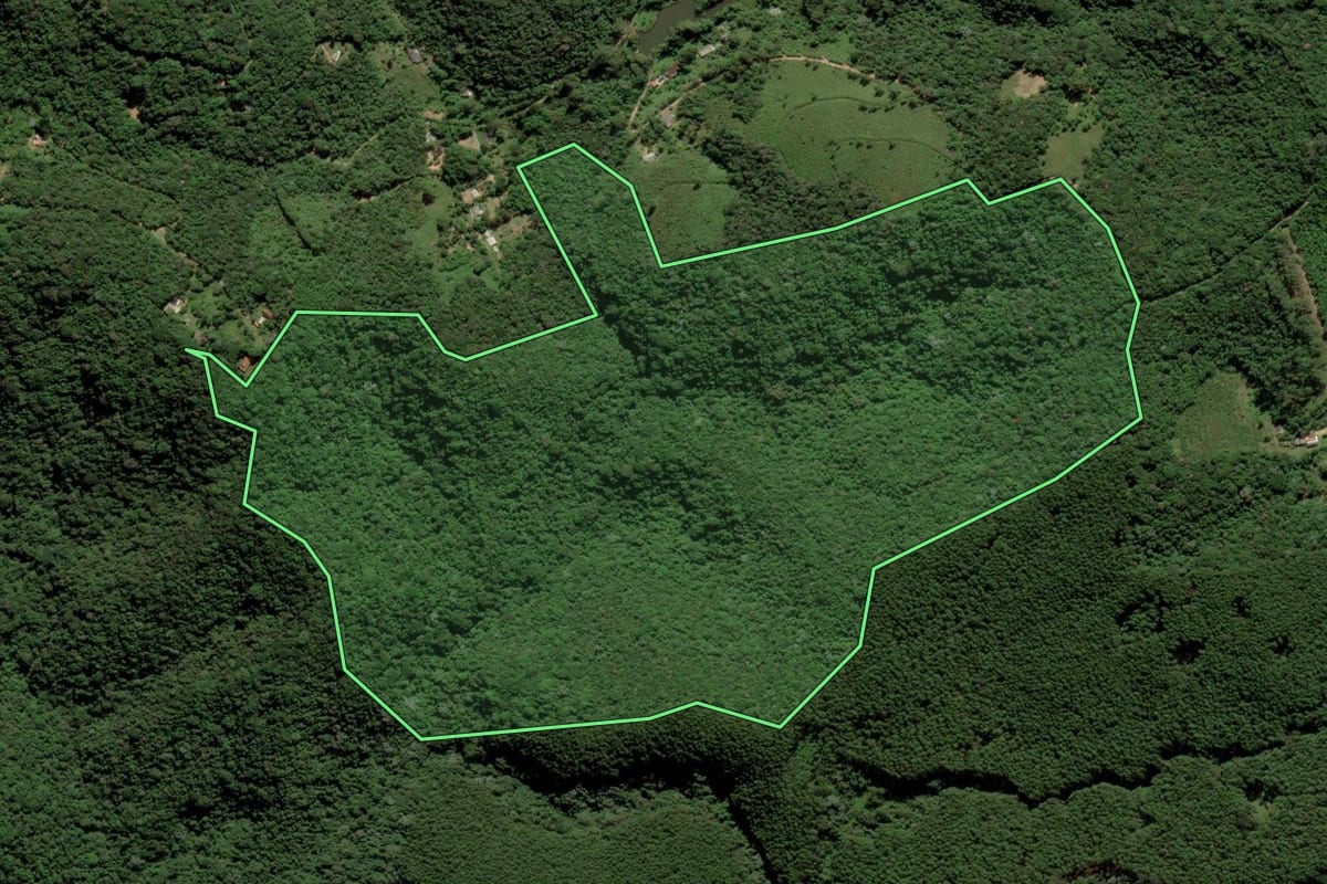 Imagem de satélite do imóvel rural em Ibiúna (SP), com o contorno declarado no CAR desenhado por cima.