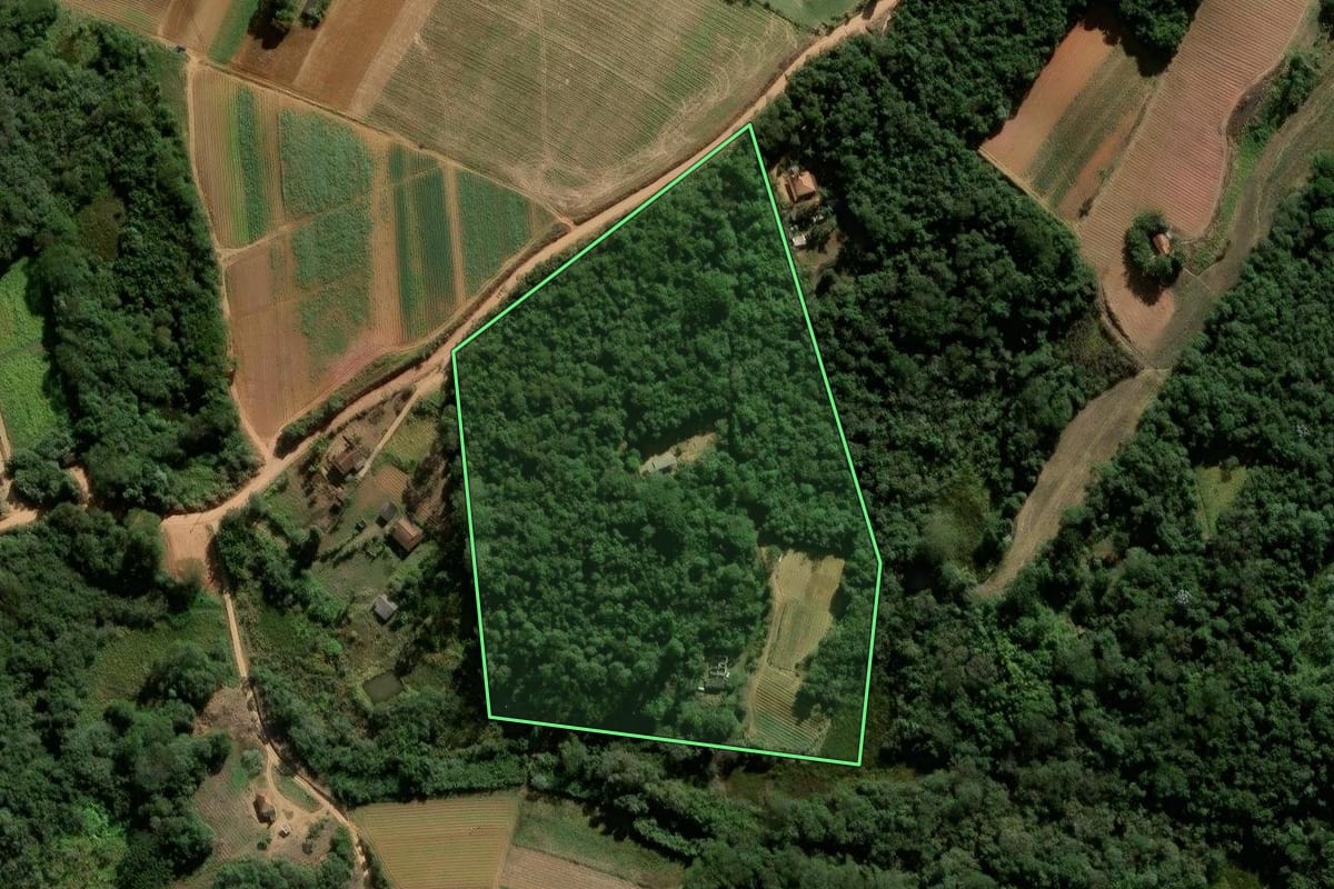Imagem de satélite do imóvel rural em Ibiúna (SP), com o contorno declarado no CAR desenhado por cima.