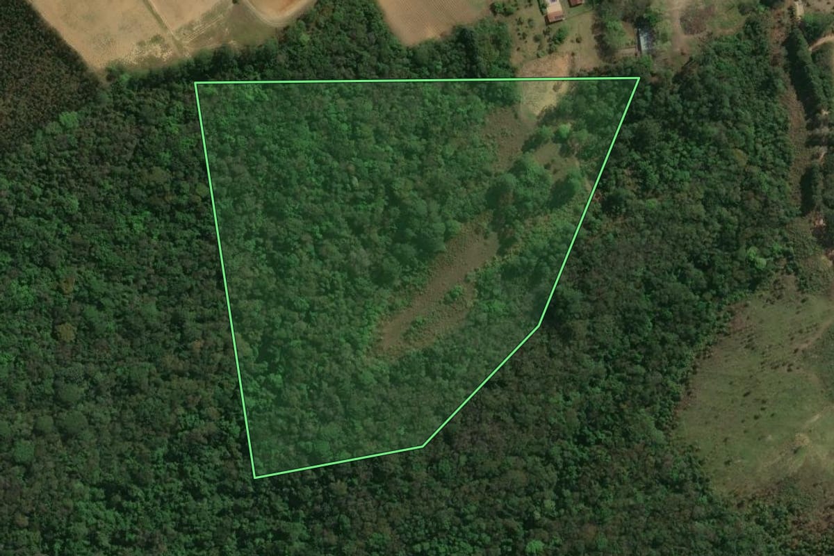 Imagem de satélite do imóvel rural em Ibiúna (SP), com o contorno declarado no CAR desenhado por cima.