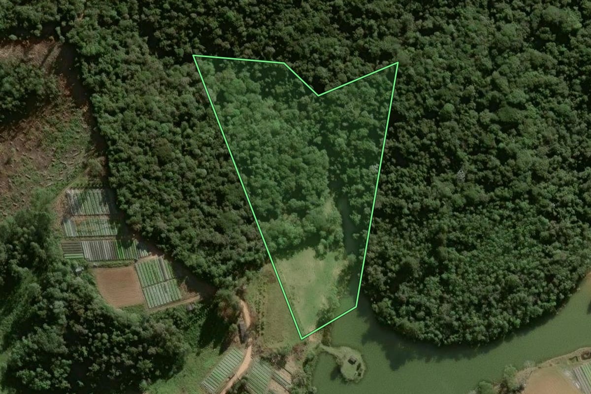 Imagem de satélite do imóvel rural em Ibiúna (SP), com o contorno declarado no CAR desenhado por cima.